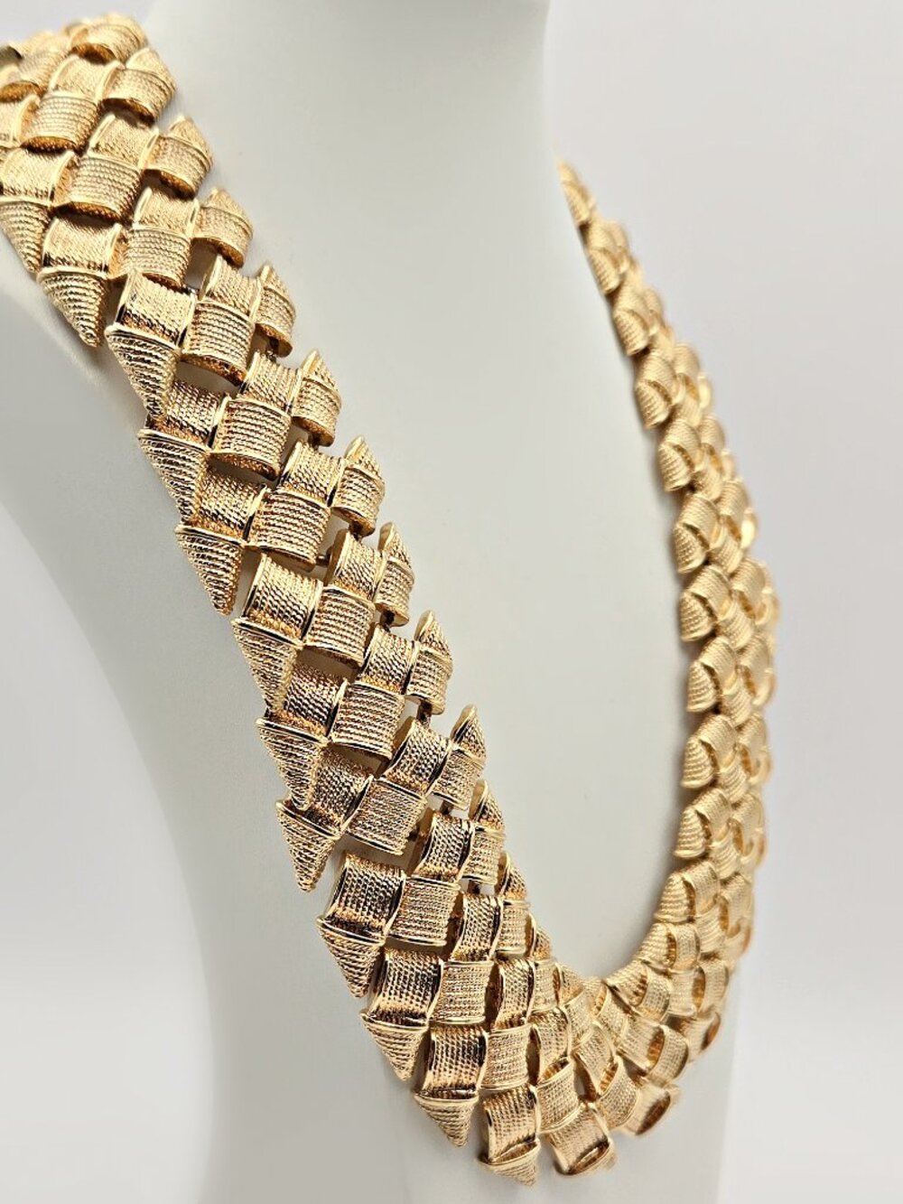Vintage Napier Gold Tone Statement Collar Necklace Wide Textured Runway Style